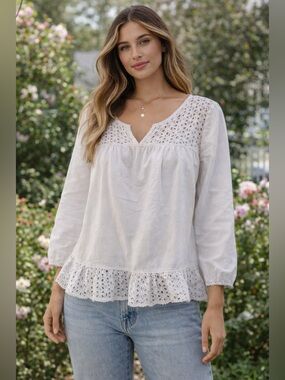 Grand & Greene White Eyelet Blouse Boho Peasant Top Cottagecore Small